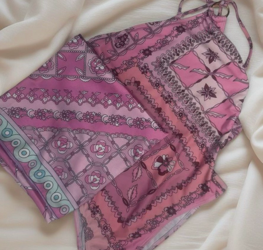Pink Squares One Piece W/ Scarf