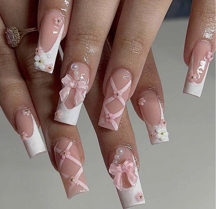 Pink Bow French Press On Nails