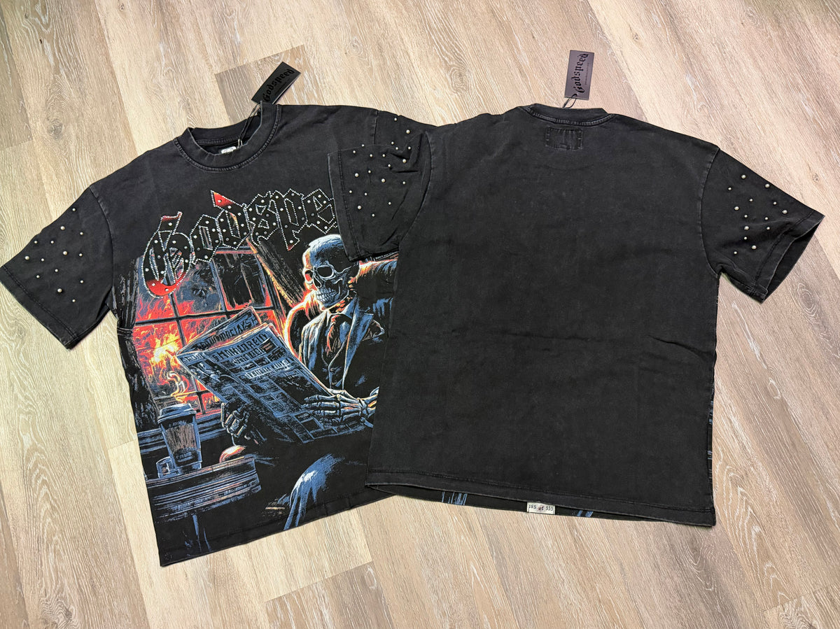 Skeleton Newspaper Graphic T-Shirt