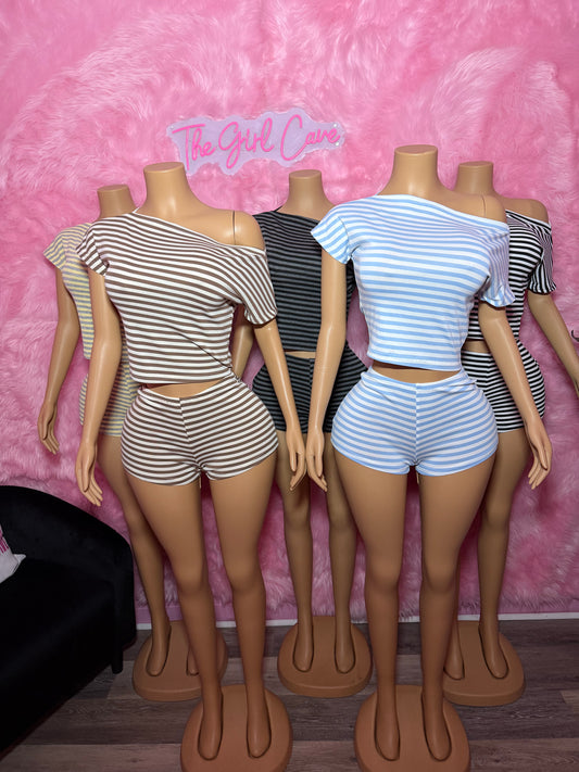 Stripe Off Shoulder Short Set
