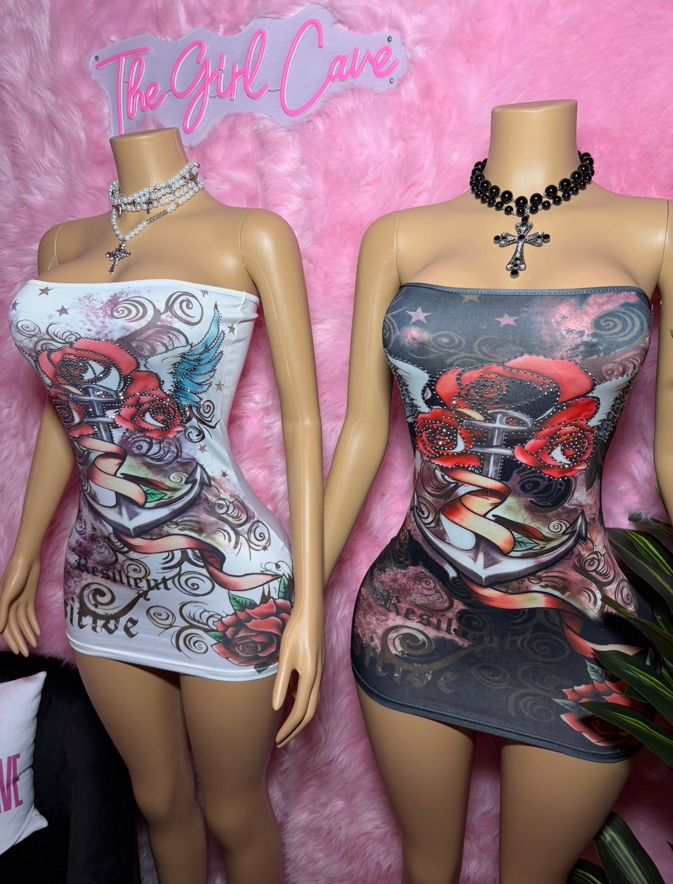 Edgy Graphic Rhinestone Mini Dress