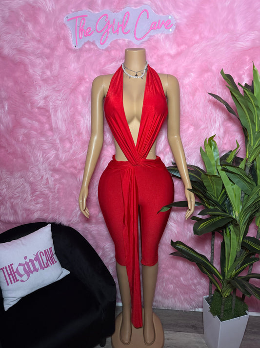 Red V-Neck Capri Jumpsuit