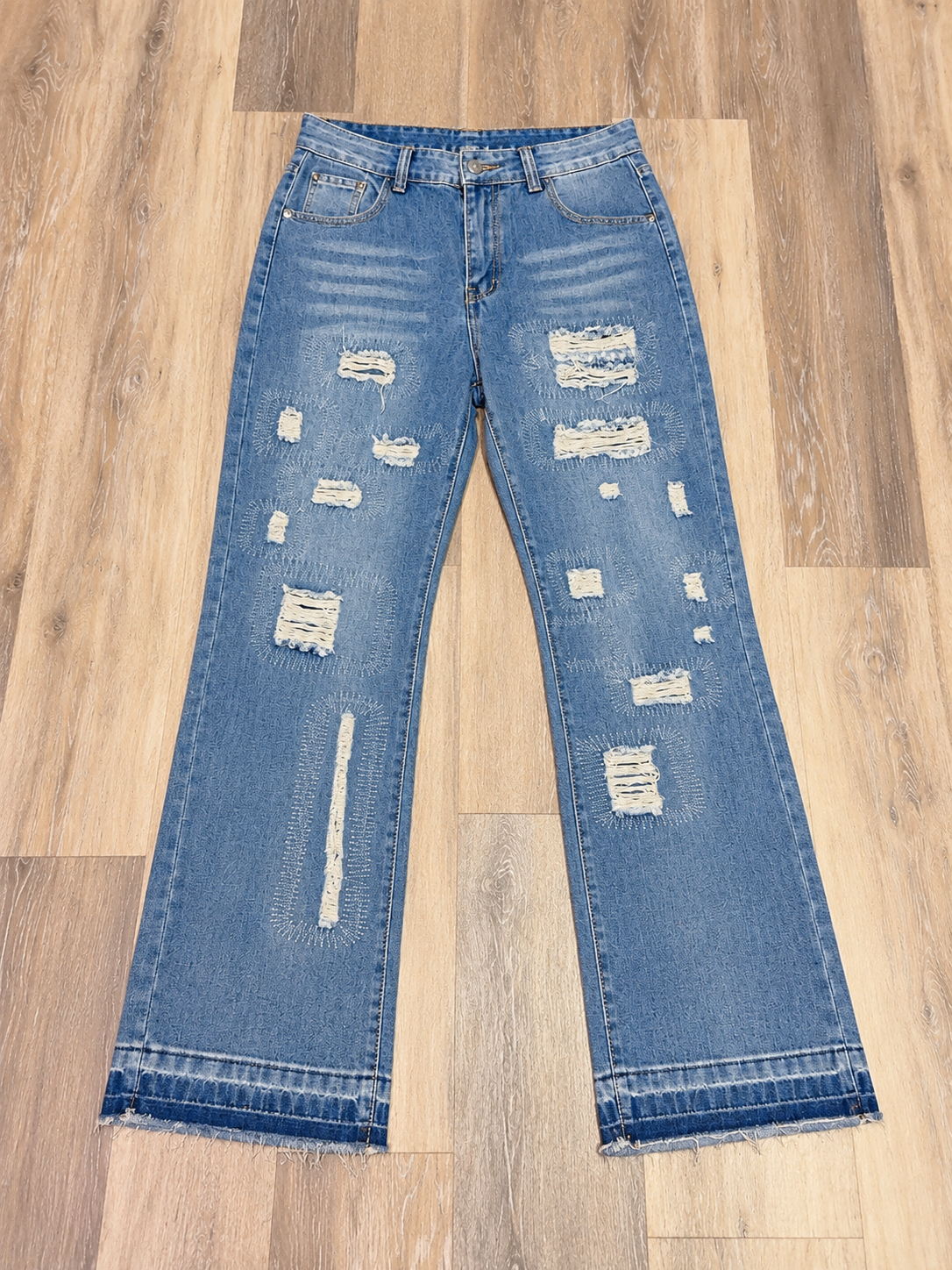 Blue Patched Straight Leg Denim