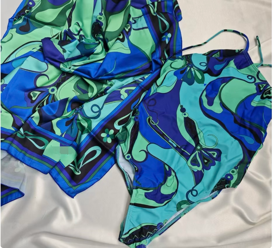 BlueGreen Swirl One Piece W/ Scarf