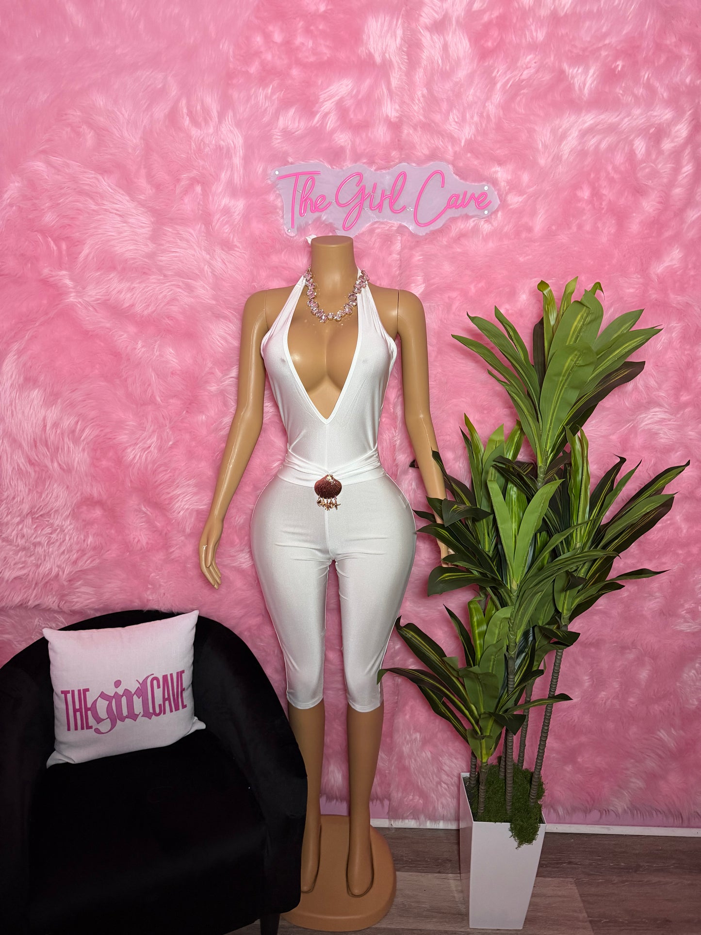 White Shell V Neck Capri Jumpsuit