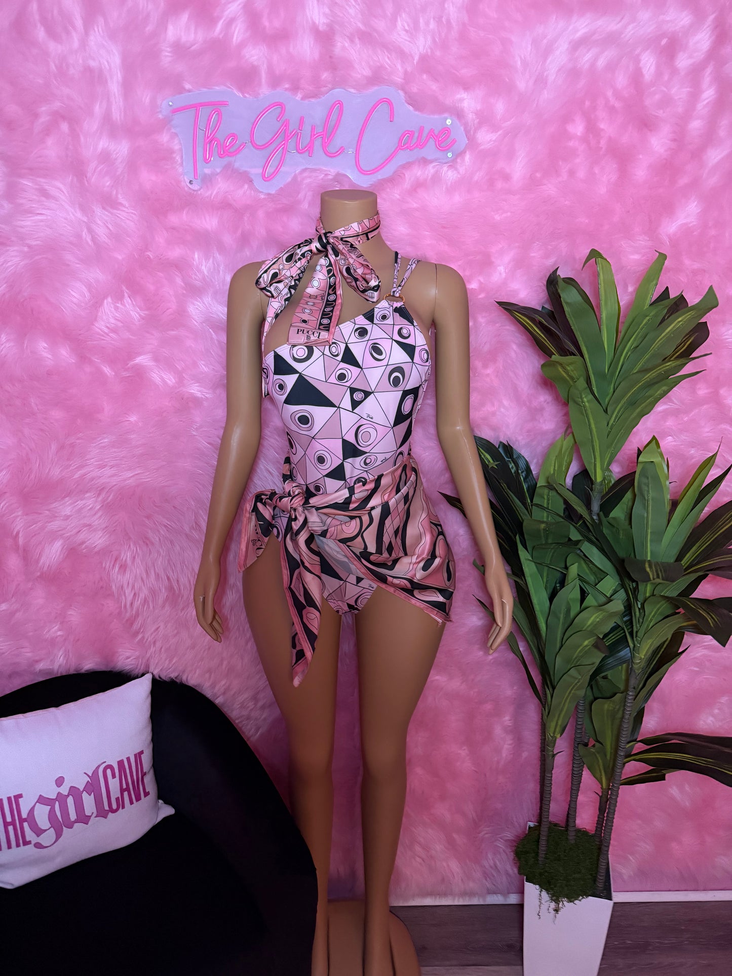 Pink Geo One Piece W/ Scarf & Headband