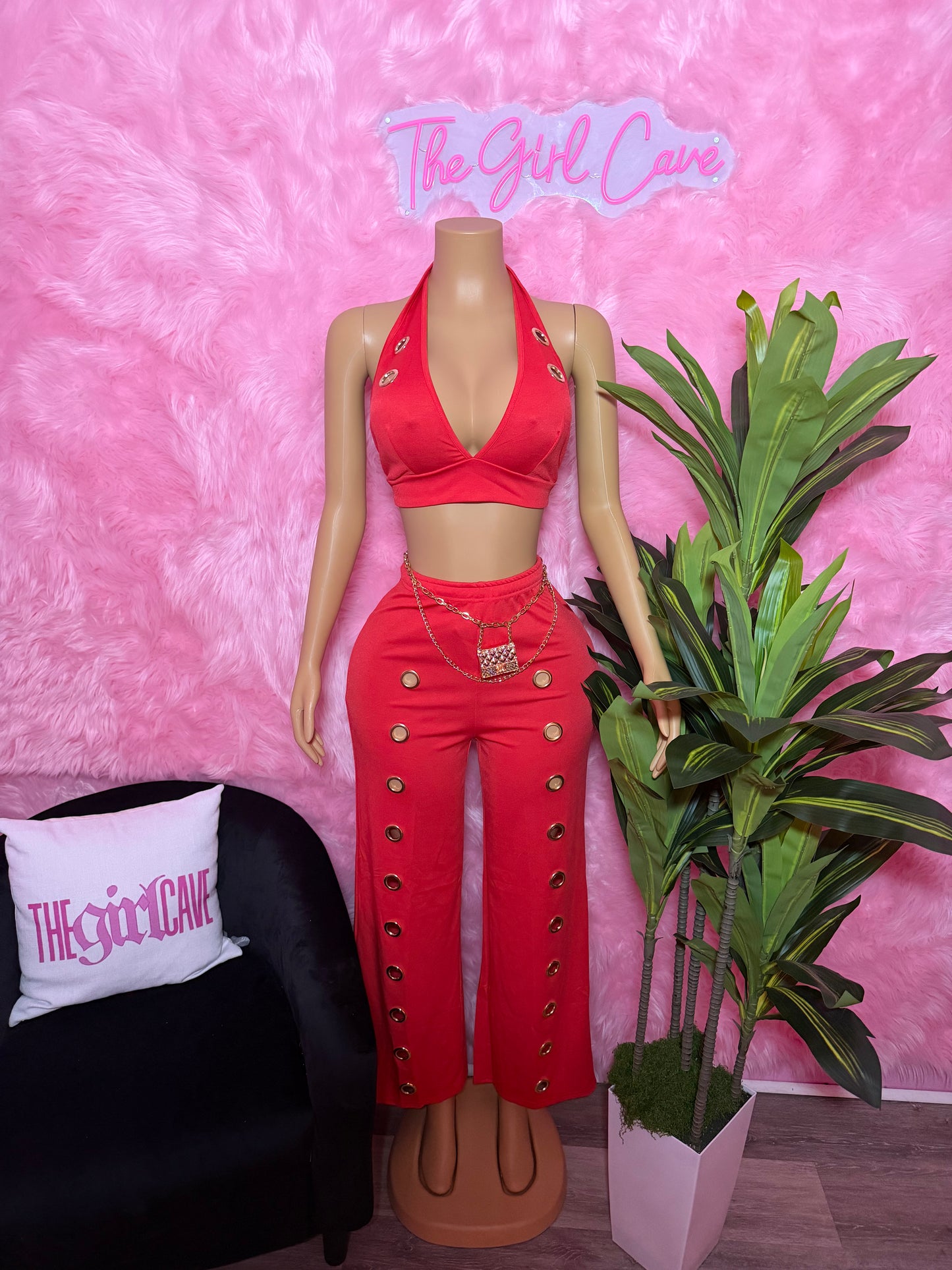 Red Rivet Bra Set